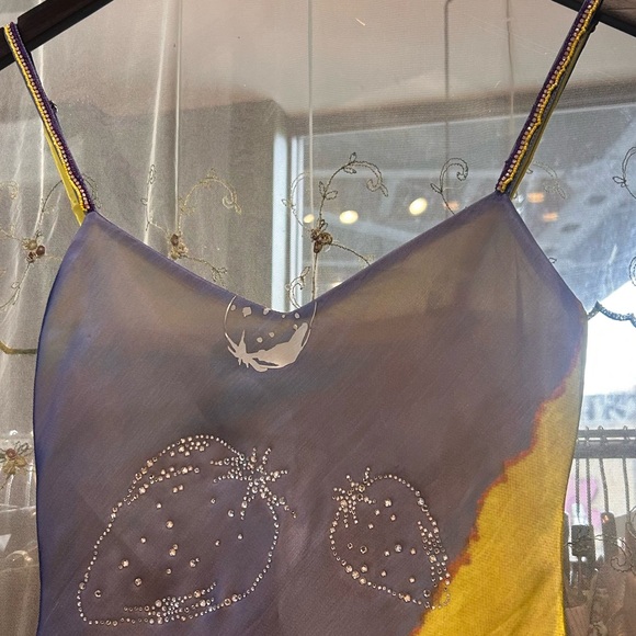 area blue yellow bedazzled strawberry mini dress beaded straps - Picture 3 of 11